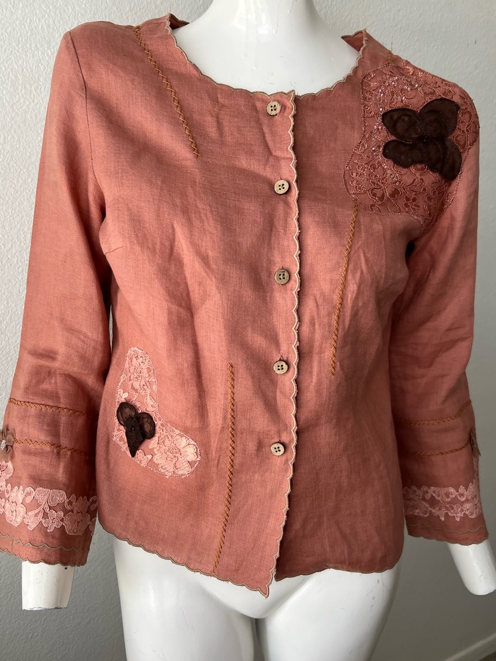 Kenar Linen Mauve Applique Blouse- XS- NEW NO TAGS